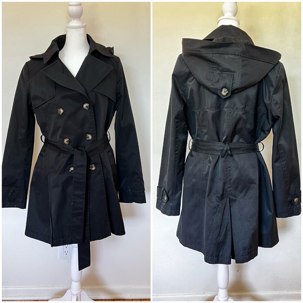 DKNY Black Trench Rain Jacket Double Breasted Lined Belted Classic L Outdoor - Picture 3 of 15